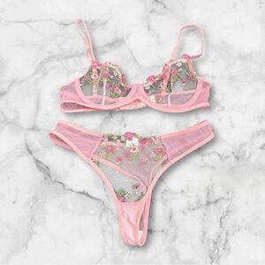 New Floral Embroidered Pink Lingerie Set garden coquette Fairycore M